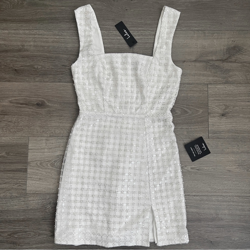 Lulus Beautifully Decadent Mini Dress XS White Sequins Pearls Bridal Engagement